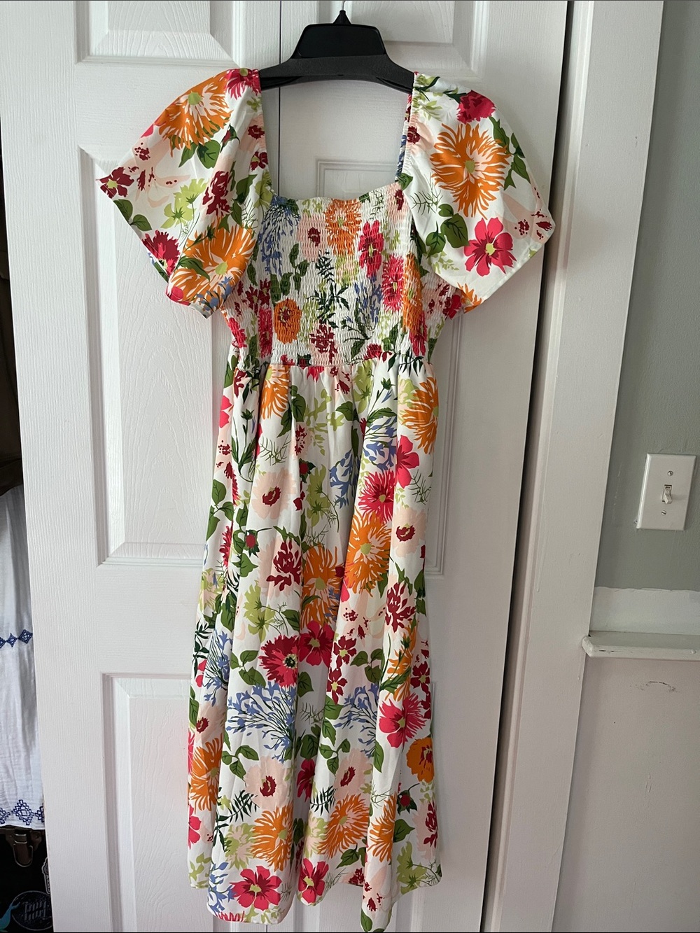 BloomChic White Midi Dress with Pink, Orange, Green & Blue Floral Print